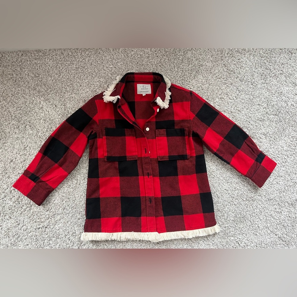 Woolrich Girls' Flannel Buffalo Check Overshirt with Fringe